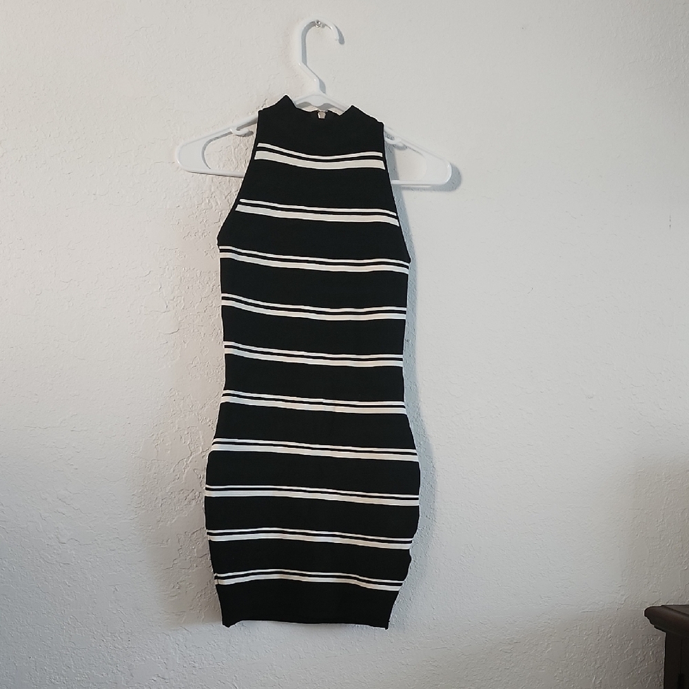 Olivaceous Black and White Striped Halter Mini Dress